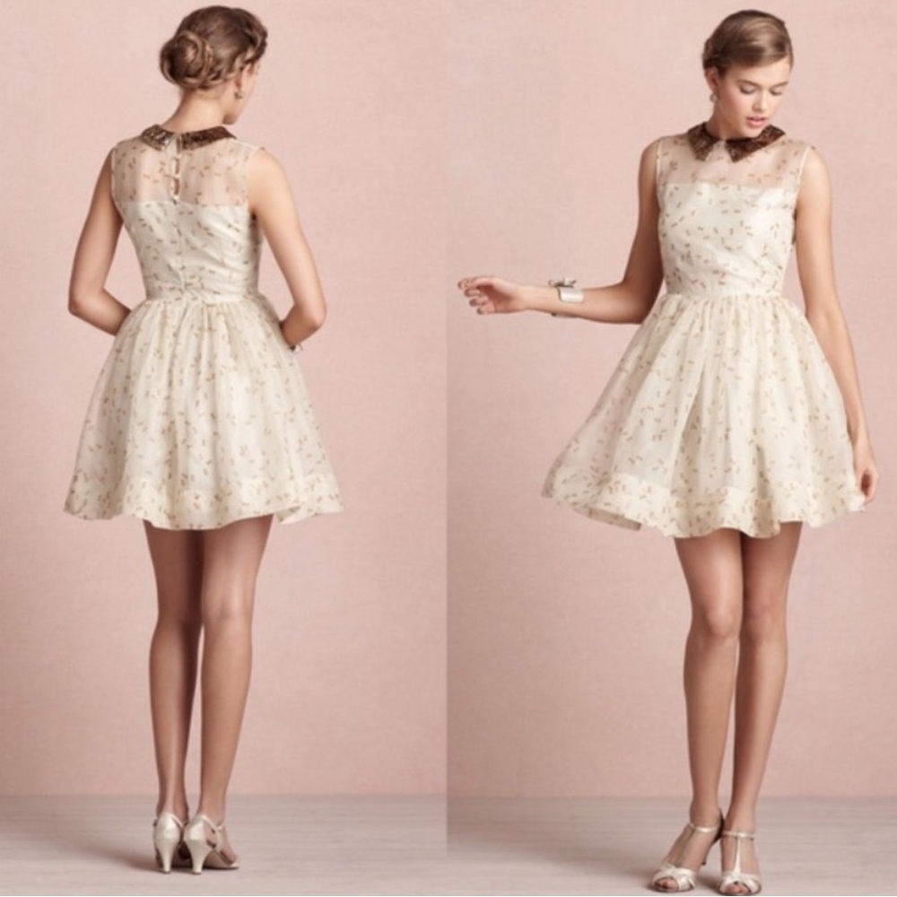 Orla Kiely Silk Cream and Brown Butterfly Dress with Tinsel Collar Sz 4